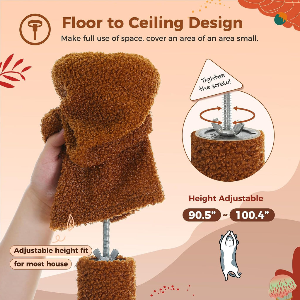 Floor to Ceiling Cat Tree, Height Adjustable 90.5-100.4'', Brown