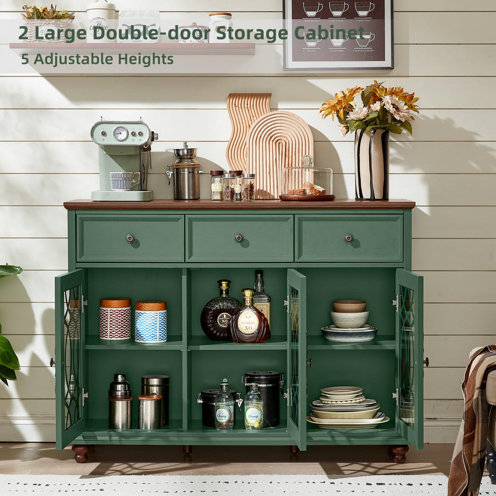 Large Sideboard Buffet Cabinet with Storage, 48" Credenza with 3 Glass Doors & 3 Drawers, Adjustable Shelves Coffee