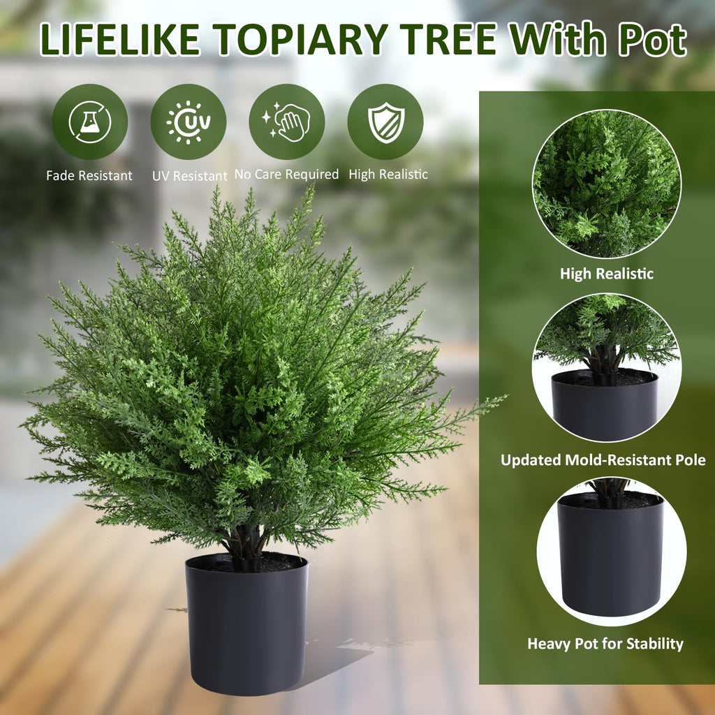 2-Pack Artificial Topiary Ball Tree with Pot, Fake Bushes for Outdoors
