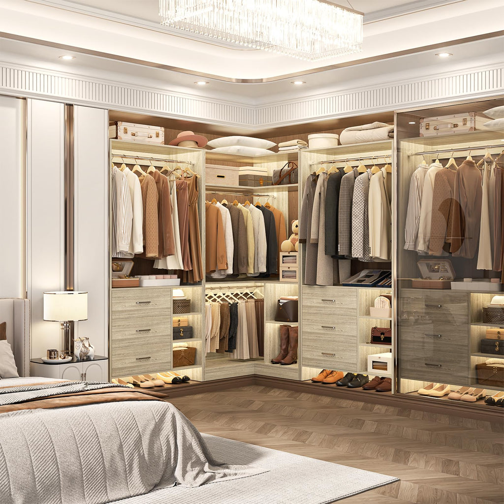 Closet System with 6 Drawers, 4 Hanging Rods & Corner Tower, Corner Closet System with Hanging,92.6" L-Shaped Walk-In