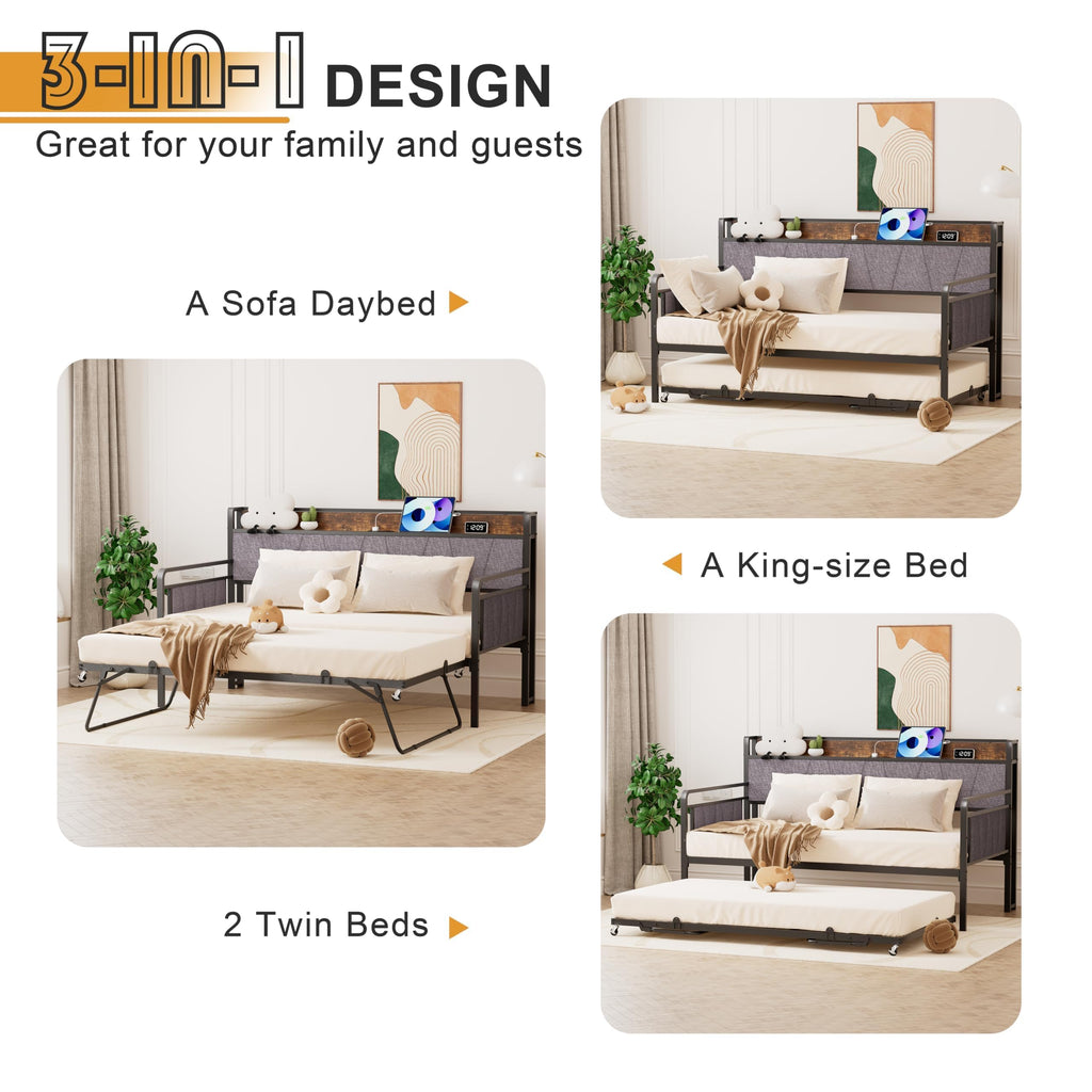 Twin Daybed with Trundle, Modern Twin Size Sofa Day Bed, Sturdy Metal Bed Frame with Upholstered Headboard, Studio