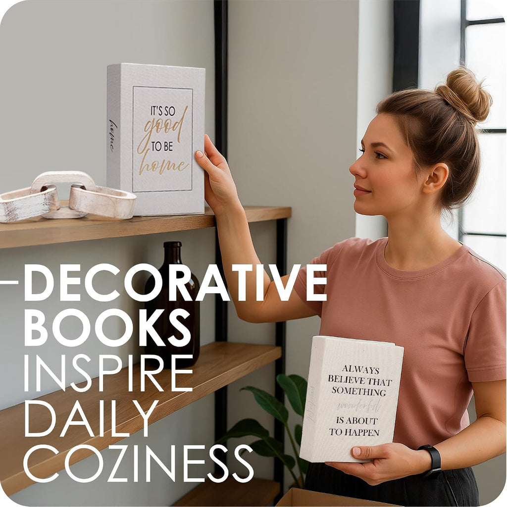 Modern Decorative Books Set of 2 Premium Linen Hardcover Faux Book Box with Reliable Magnetic Closure & Paulownia