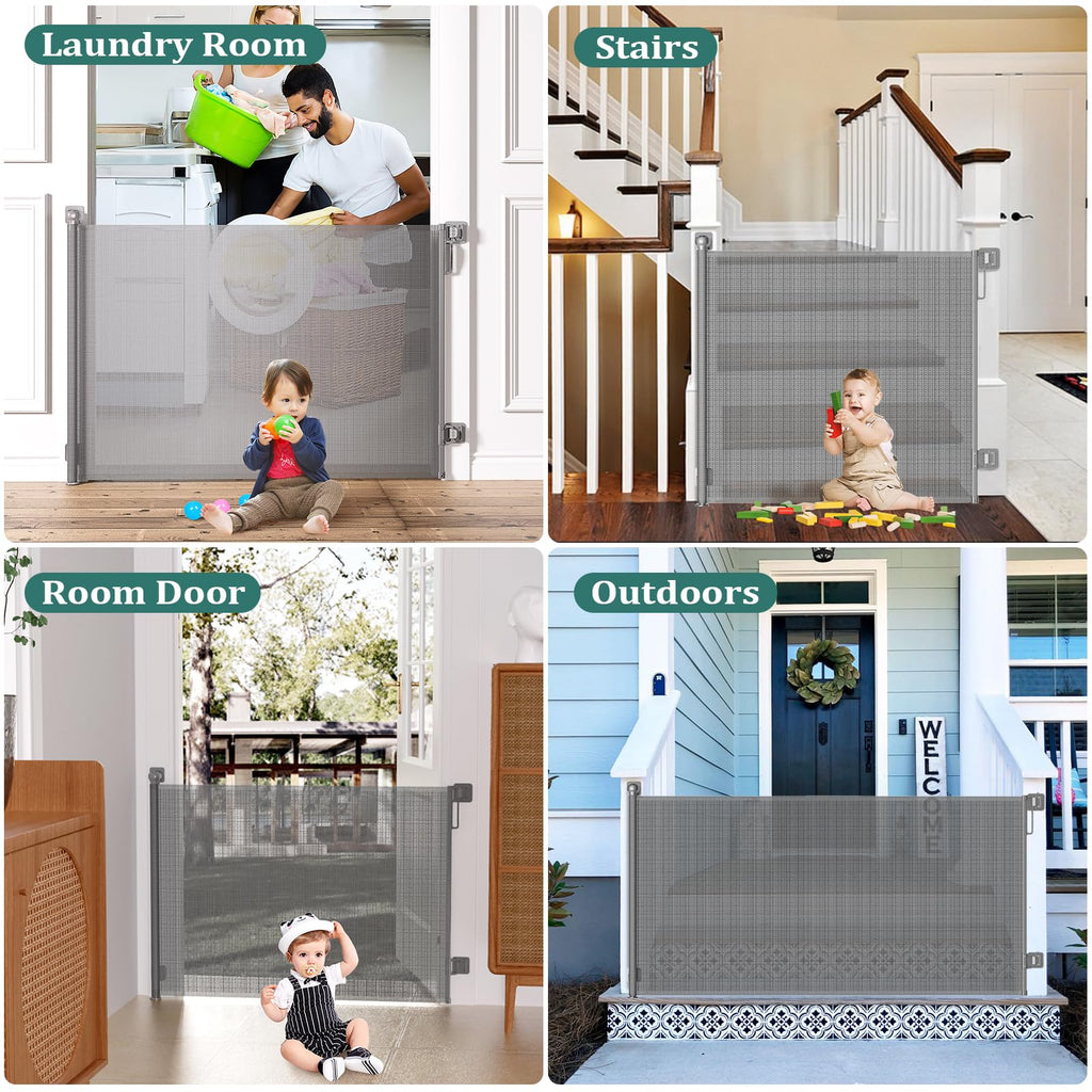 Retractable Baby Gate for Stairs, Dog Gate Indoor 55" Wide × 34" Tall Gray.
