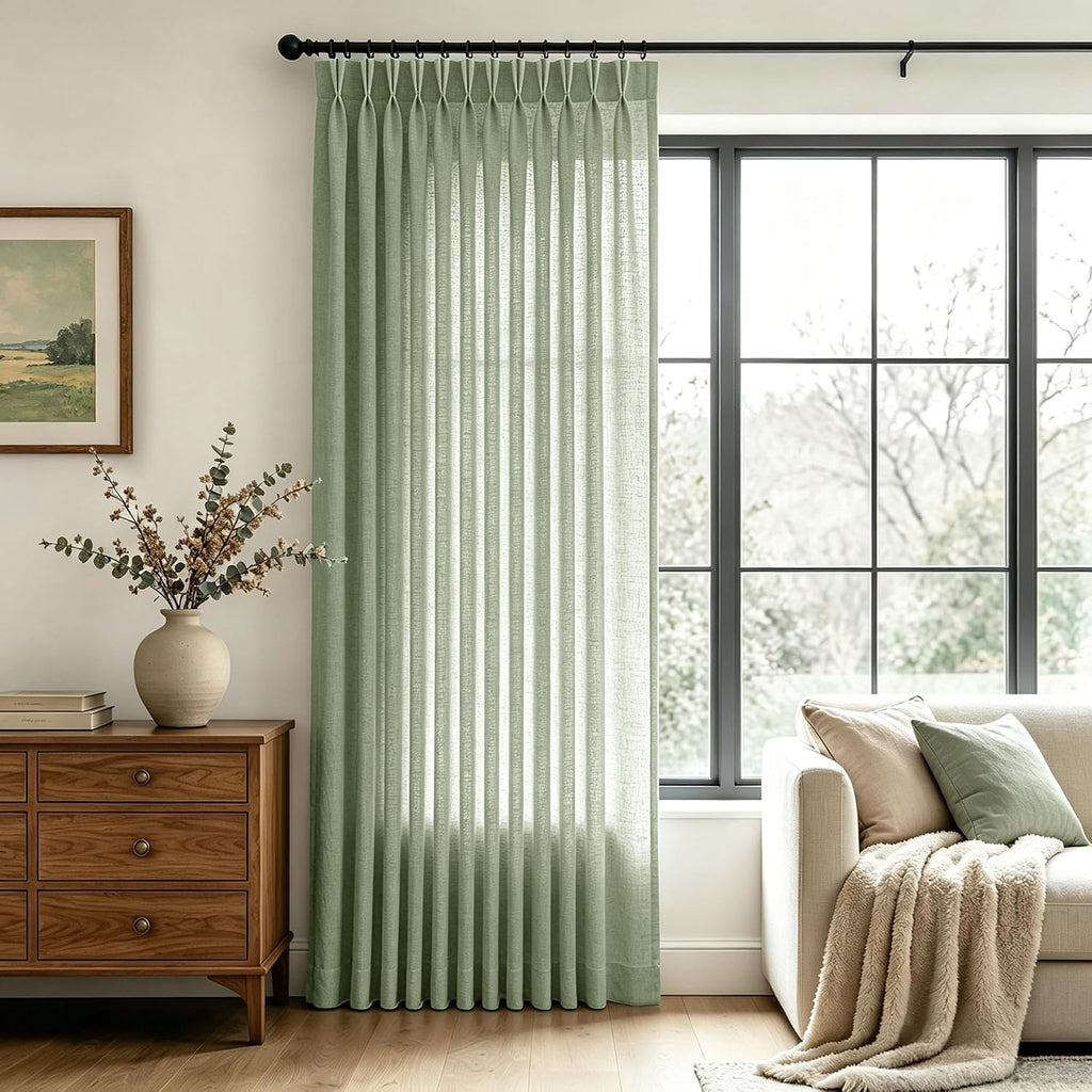 Privacy Pinch Pleated Linen Curtains W70xL102 Inch 1 Panel for Living Room Bedroom Light Filtering Semi Sheer Sage