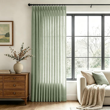 Privacy Pinch Pleated Linen Curtains W70xL102 Inch 1 Panel for Living Room Bedroom Light Filtering Semi Sheer Sage
