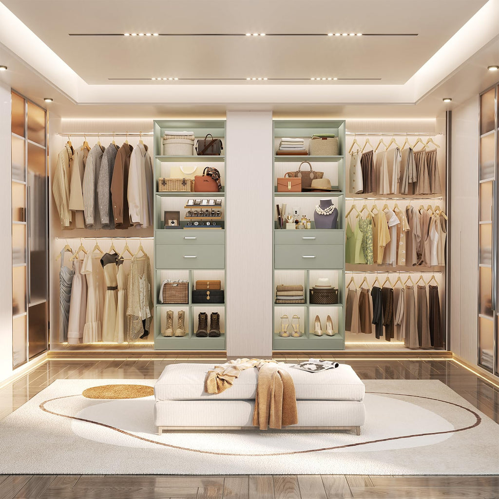 Closet System, 4-8 FT Closet Organizer Tower with 2 Wooden Drawers and Shelves, Can Fit 60 to 96 inch Walk-in Closet