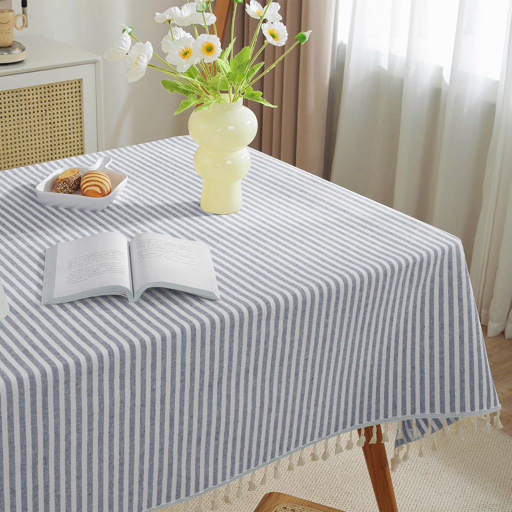Table Cloth Blue Striped Tablecloth Tassels Cotton Linen Dust-Proof Table Cover for Dining Coffee Buffet Kitchen