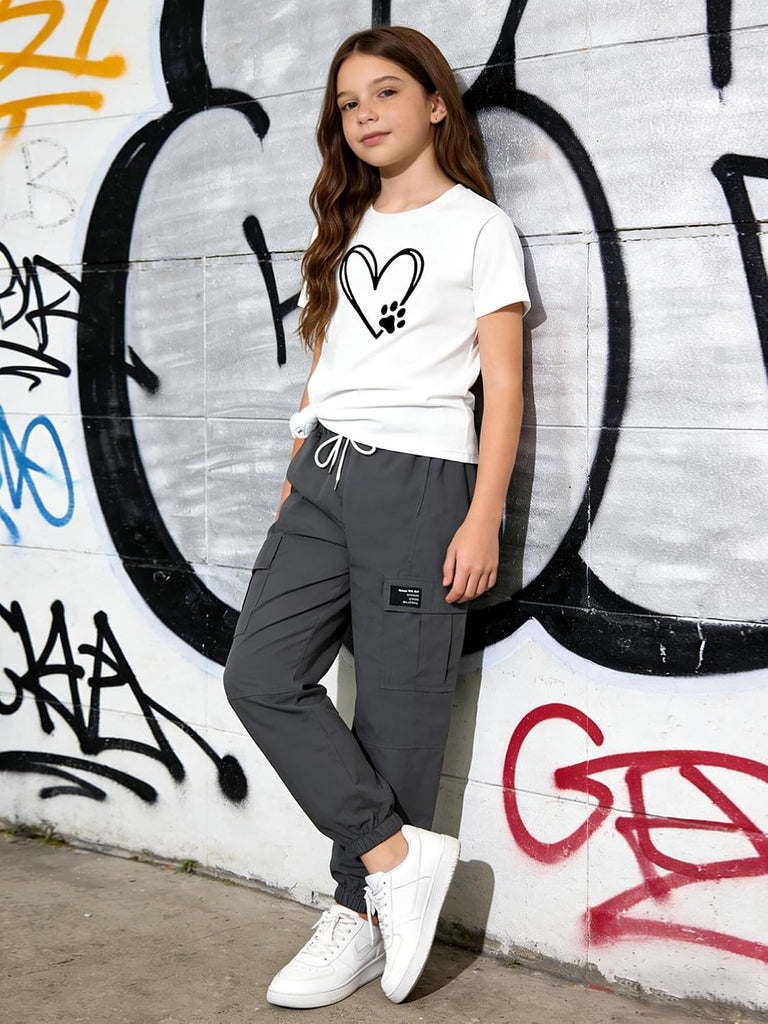 Girls' 2 Piece Outfits Drawstring Jogger Pants and Graphic Short Sleeve T-shirt Set