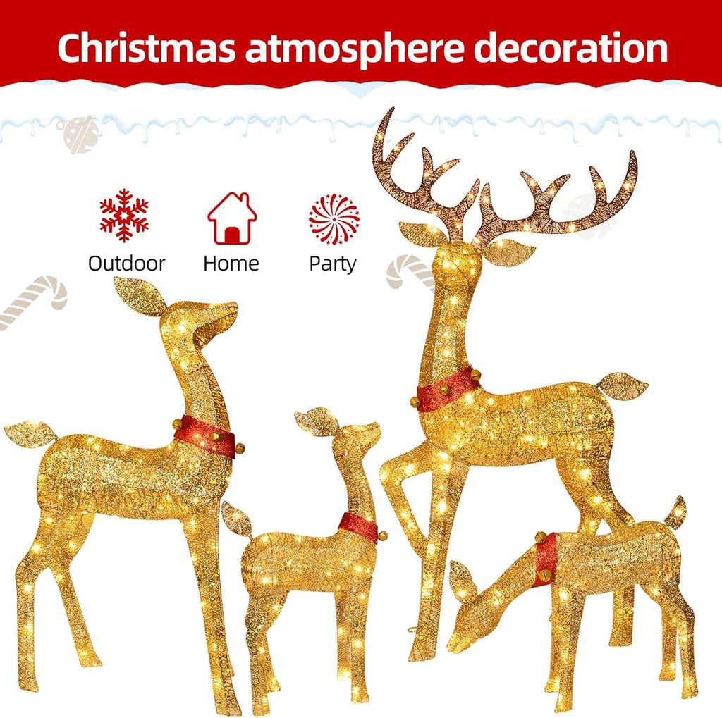 Christmas Decorations Outdoor Reindeer Family - 4-Piece 3D Lighted Deer Set with 245 LED Lights, Yard Christmas Decor