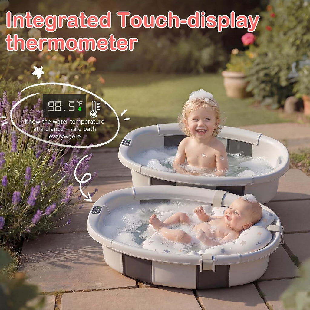 Collapsible Baby Bathtub - Large Baby Bath Tub with Thermometer | Bath Essential Bañera para Bebe Easy Fold Baby Tub