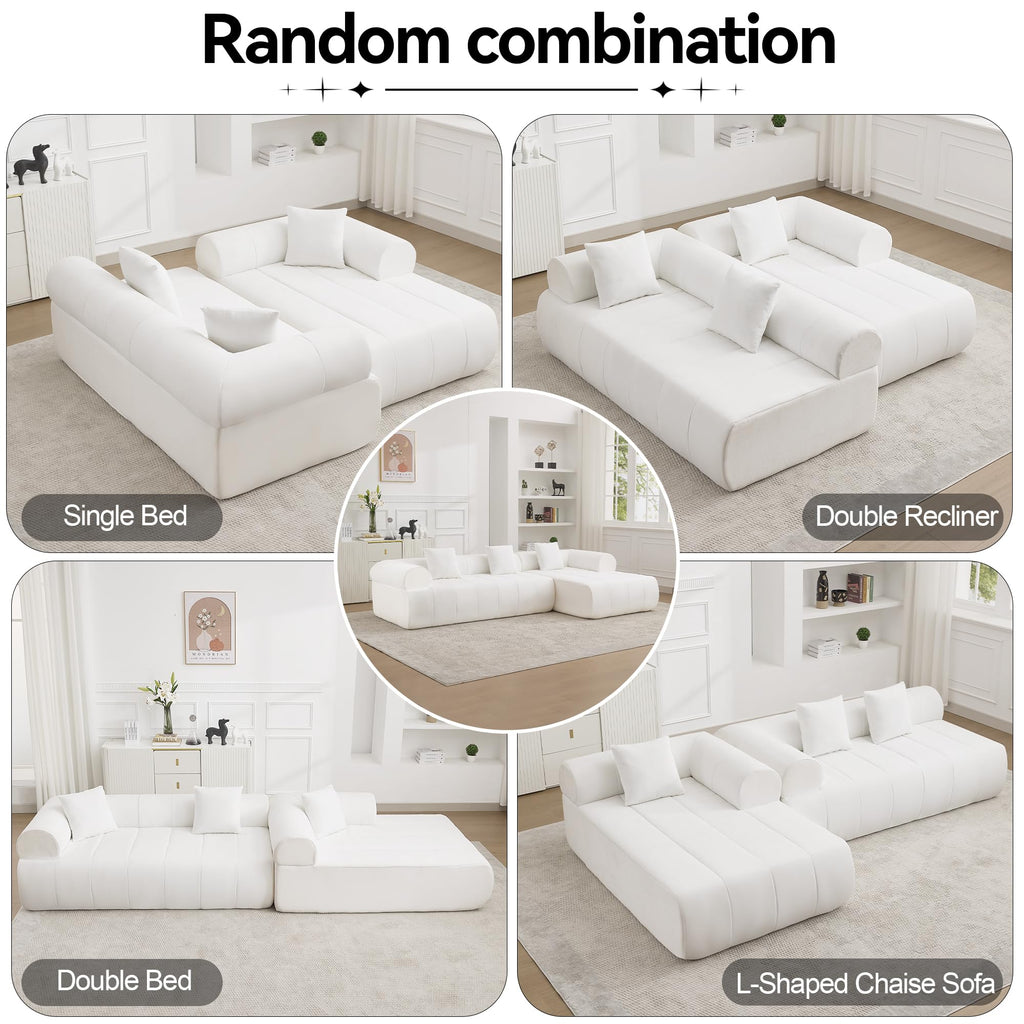119'' Curved Boneless, 3 Seat L Shaped Couch White