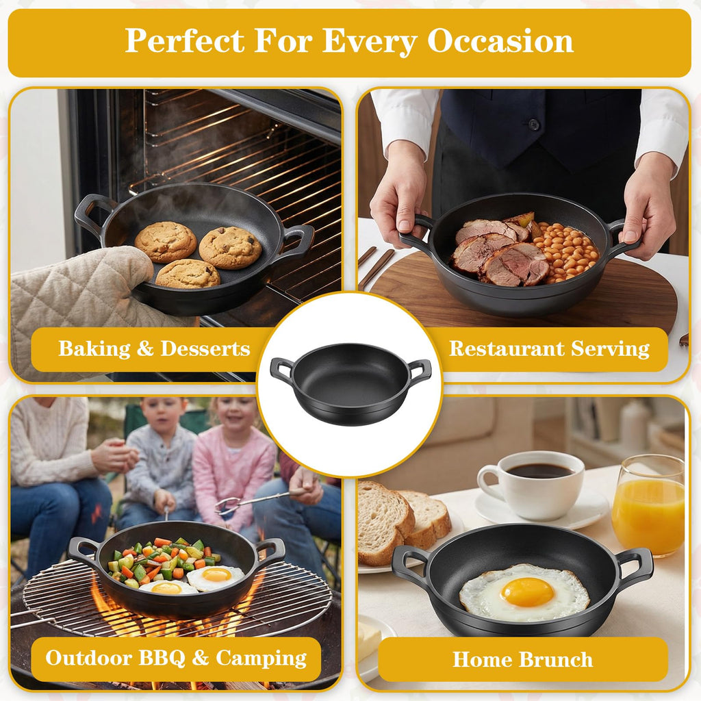 Mini Cast Iron Skillets Set of 6, 4.8 Inch Small Cast Iron Pans with Double Handles, Black Individual Serving