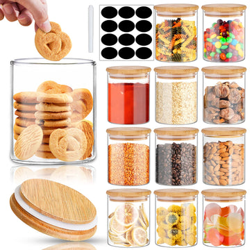 Glass Jars with Bamboo Lids 16 oz, 12pcs Glass Food Storage Jars with Rewritable Labels, Bamboo Lid Jar Storage, Food