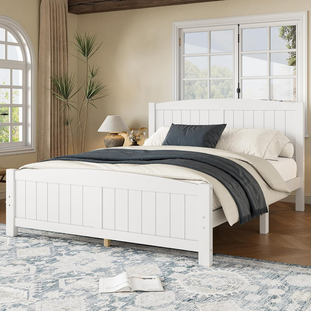 Queen Farmhouse Bed Frame with Headboard & Footboard, White Mid-Century Modern Platform Bed Queen, Vintage Solid Wood