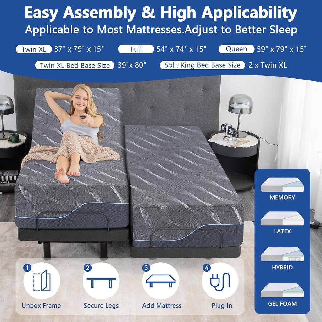 Split King Adjustable Bed Frame with Massage, 14 Inch Grey Gel Memory Foam Medium Firm Mattress in Box, Bed Base