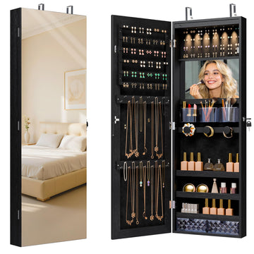 Mirror Jewelry Cabinet, Lockable Wall or Door Mounted Jewelry Armoire Organizer With Built-up Mirror, LED Lights
