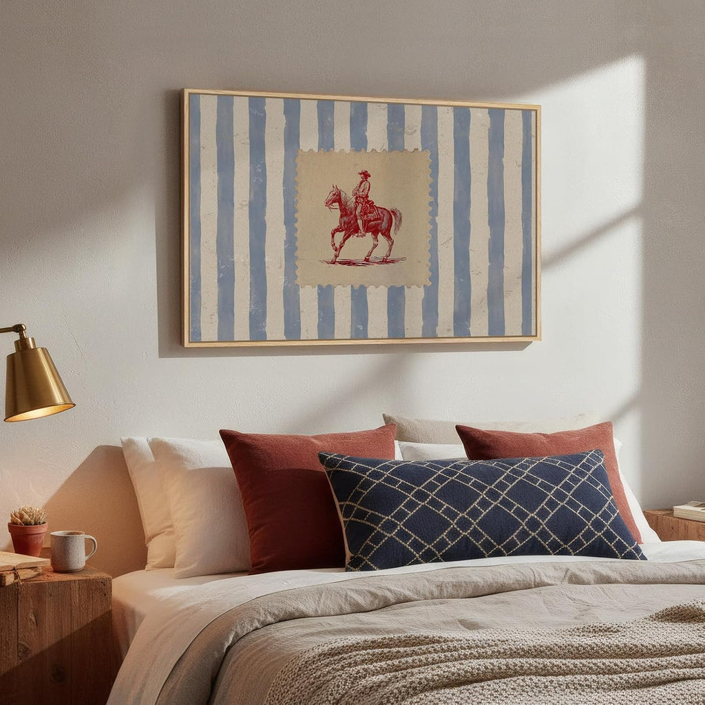 Large Framed Western Cowboy Wall Art , Vintage Farmhouse Horse Canvas Prints Paintings, Blue Striped Country Picture
