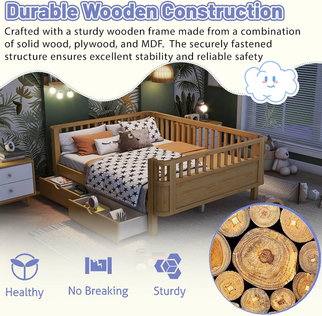 Bed Frame for Kids with Rails, Montessori Bed with Storage Drawers, Low Profile Platform Beds with Pine