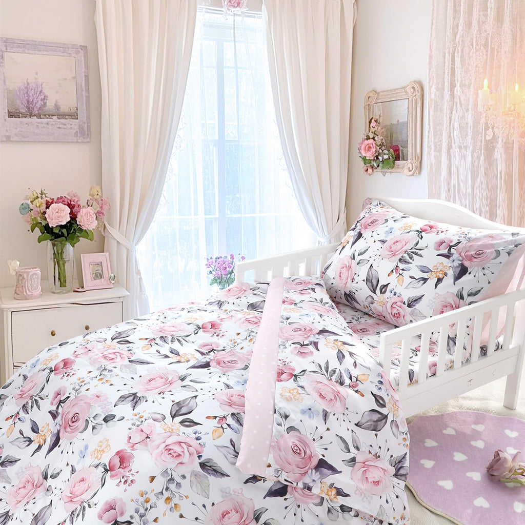 Toddler Bedding Set for Girls, 4 Piece Soft & Breathable Floral Crib Bedding Set, Bed-in-A-Bag Toddler Microfiber