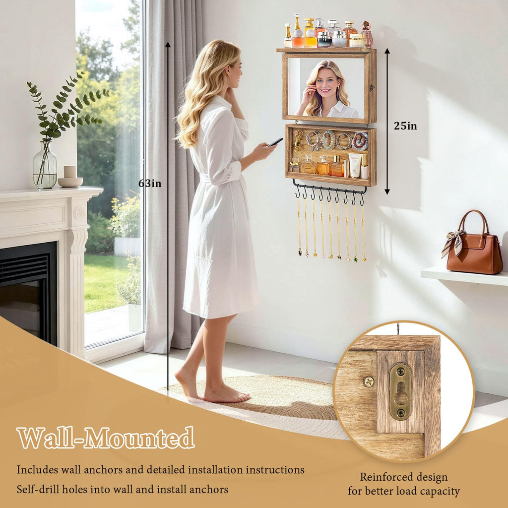 Wall Mounted Jewelry Organizer Box, 2-in-1 Jewelry Cabinet with Mirror