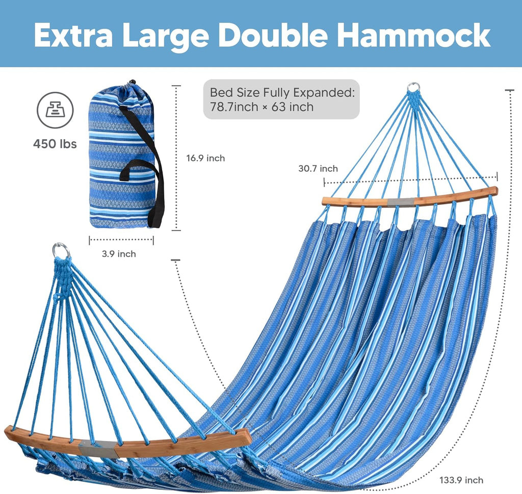 Hammocks Double Hammock with Curved Spreader Bar, Blue | Outdoor Portable Hammock with Carrying Bag & Tree Straps