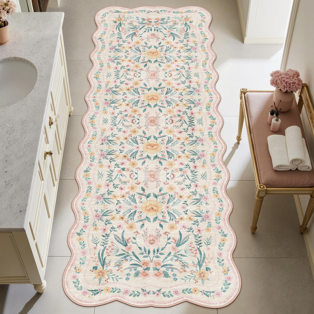 Scalloped Floral Runner Rug, Pink Washable Non-Slip Boho Hallway Rug, Soft Cute Carpet Runner, Laundry, Entryway