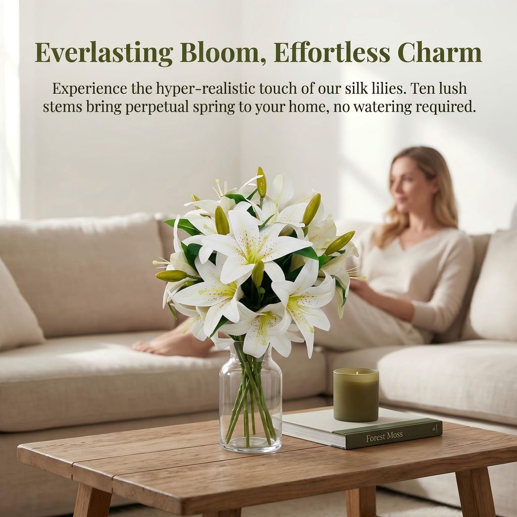 Artificial Lilies Flowers, 9 Pcs Faux Lily Flowers, 16''Tiger Lily Branches with 2 Full Blooms and 1 Bud, Faux Fake