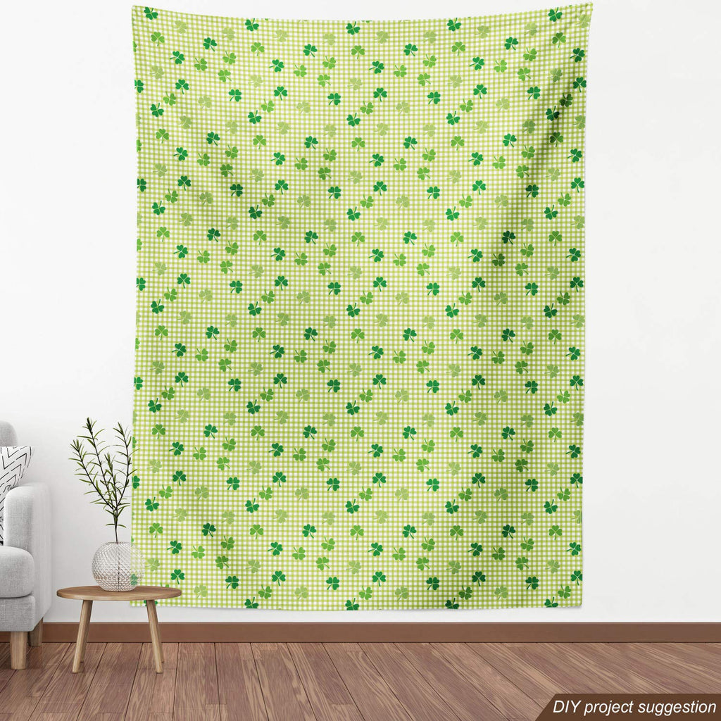 Irish Fabric by The Yard, Retro Classical Checkered Pattern with Green Shamrocks Clovers Garden Plants, Decorative