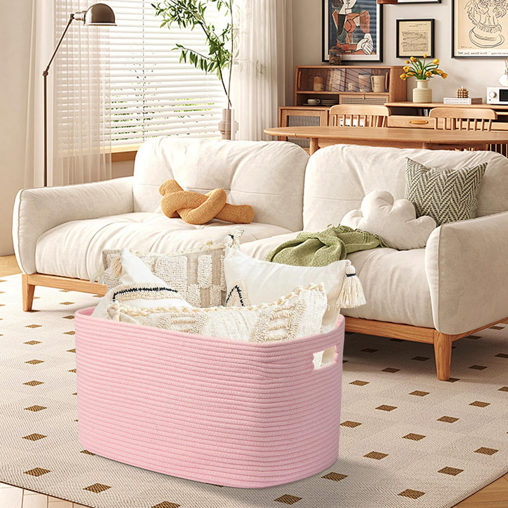 75L Large Woven Storage Basket, Pink Cotton Rope Laundry Hamper with Handles, 22"x17"x12" Rectangle Blanket Basket