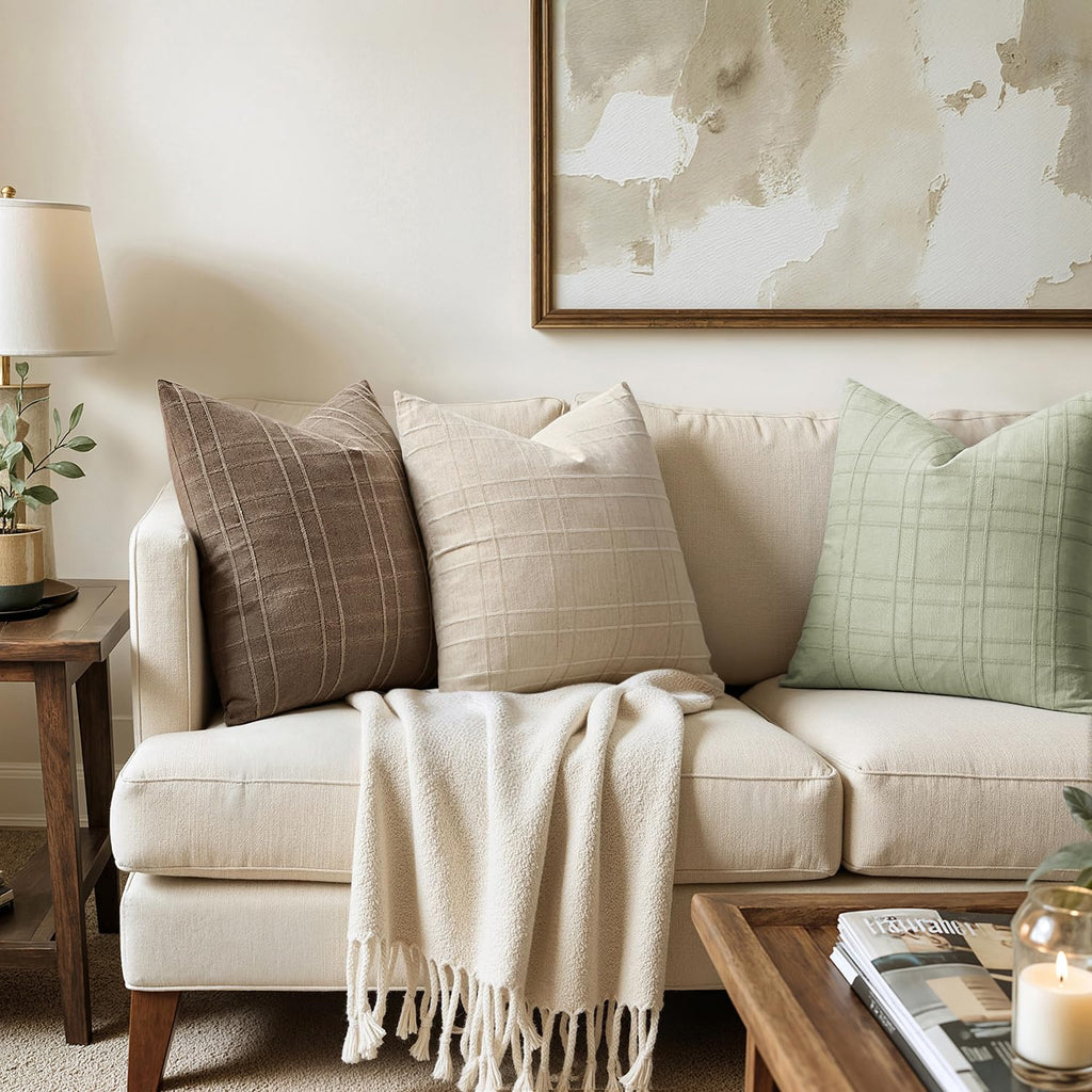 Linen Plaid Pillow Covers Decorative 20x20 Seeding Green