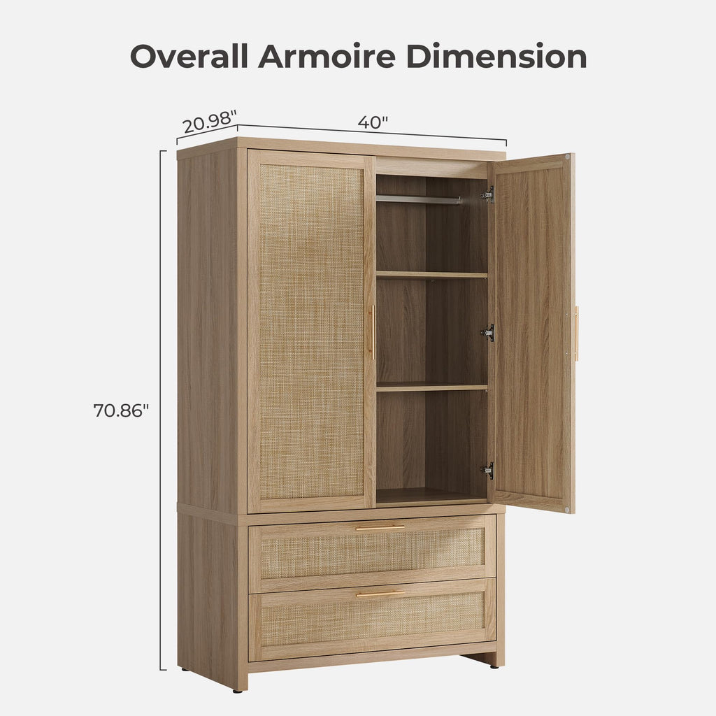 71 inch Wardrobe Closet, Boho Rattan Armoire Wardrobe with Drawers