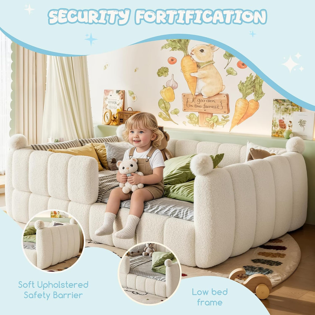 Upholstered Montessori Floor Bed with Fence, Beige