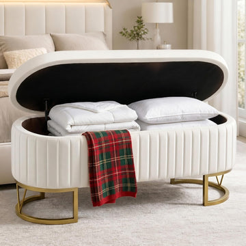 Velvet Storage Bench for Queen Size Bed, 46'' Beige Oval Ottoman, Gold Legs | Easy Assembly, Housewarming Gift