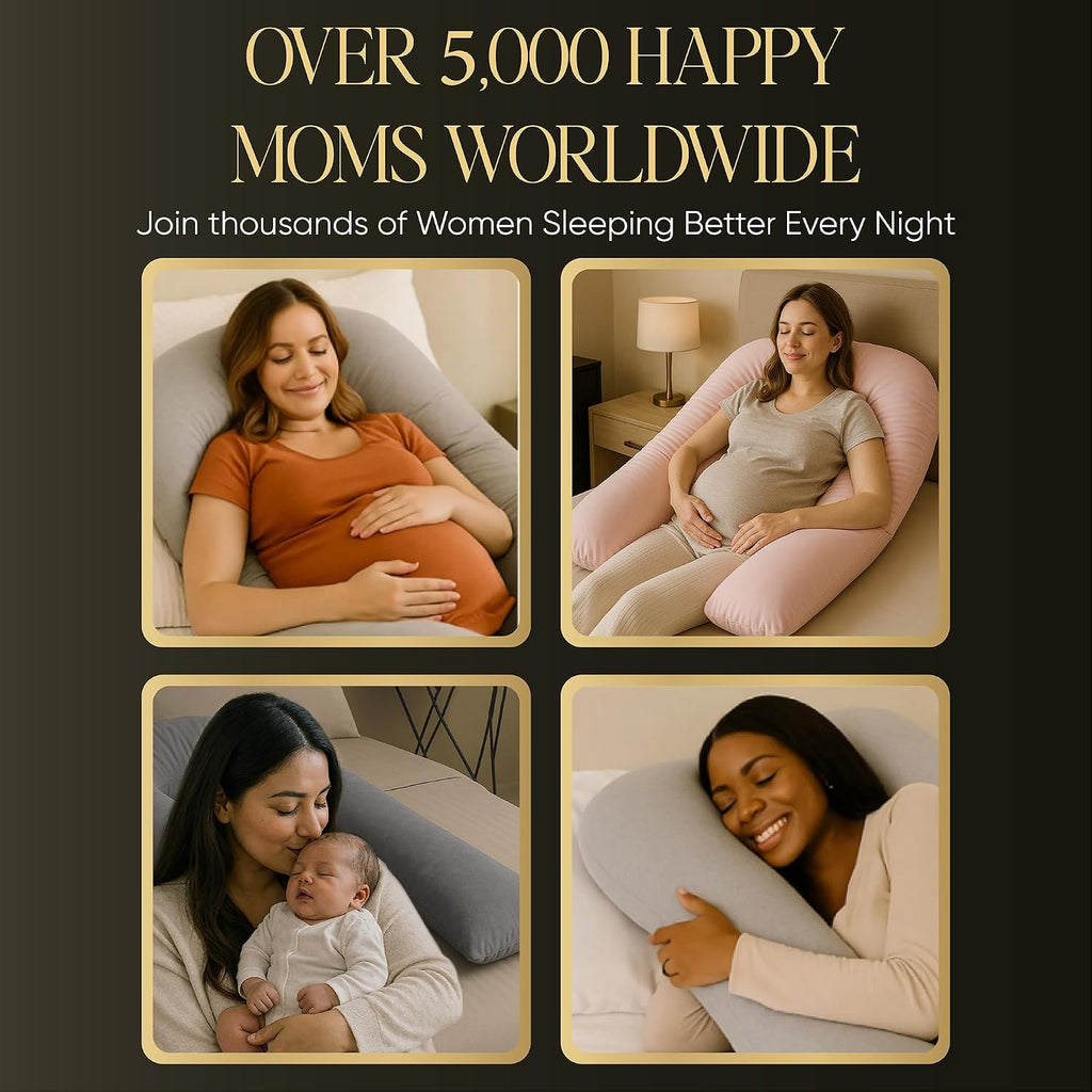 U-Shaped Pregnancy Pillow - 100% Cotton Cover, Full Body Maternity Support for Belly, Back and Legs - Bonus Eye Mask
