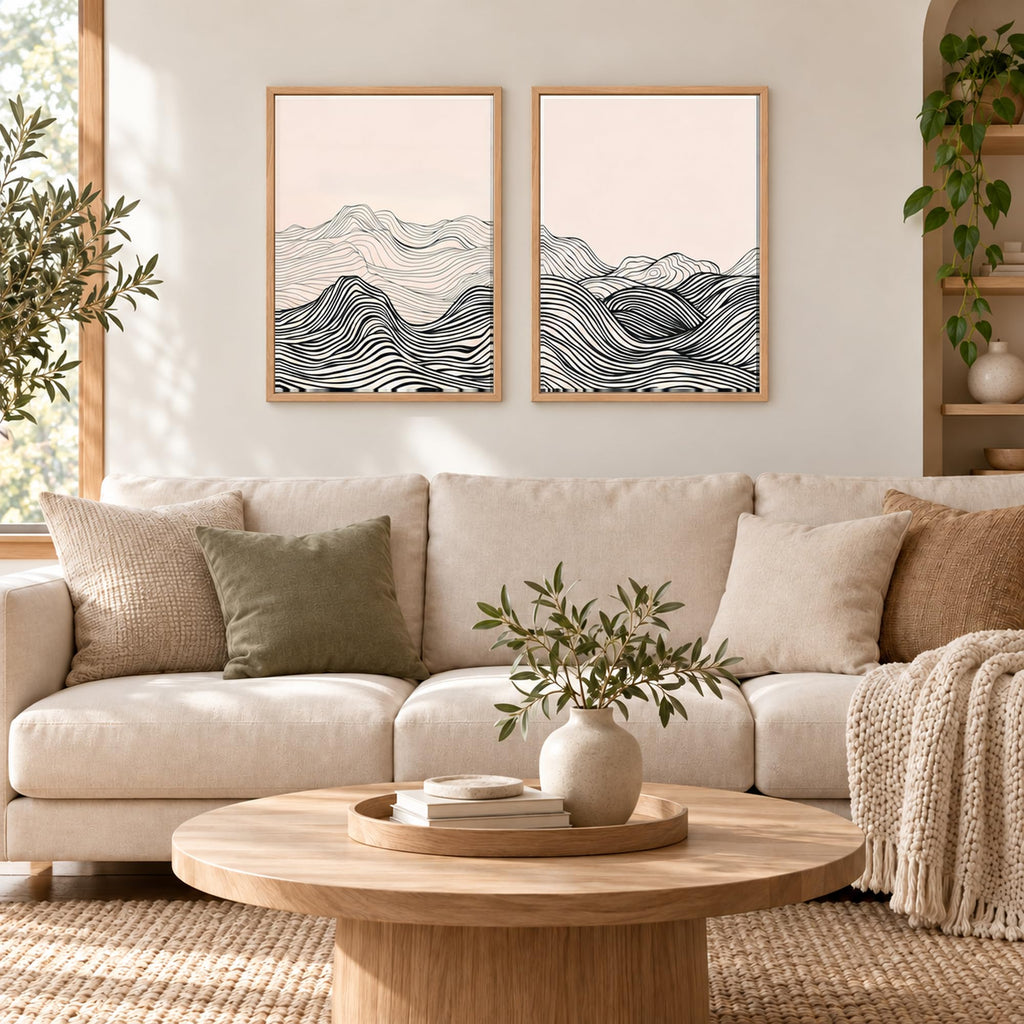 2-Pack Framed Minimalist Black and White Line Art Mountain Wall Art 16"x24"