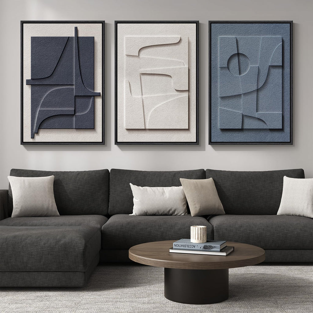 Large Framed Blue Abstract Wall Art, Modern 3D Artwork