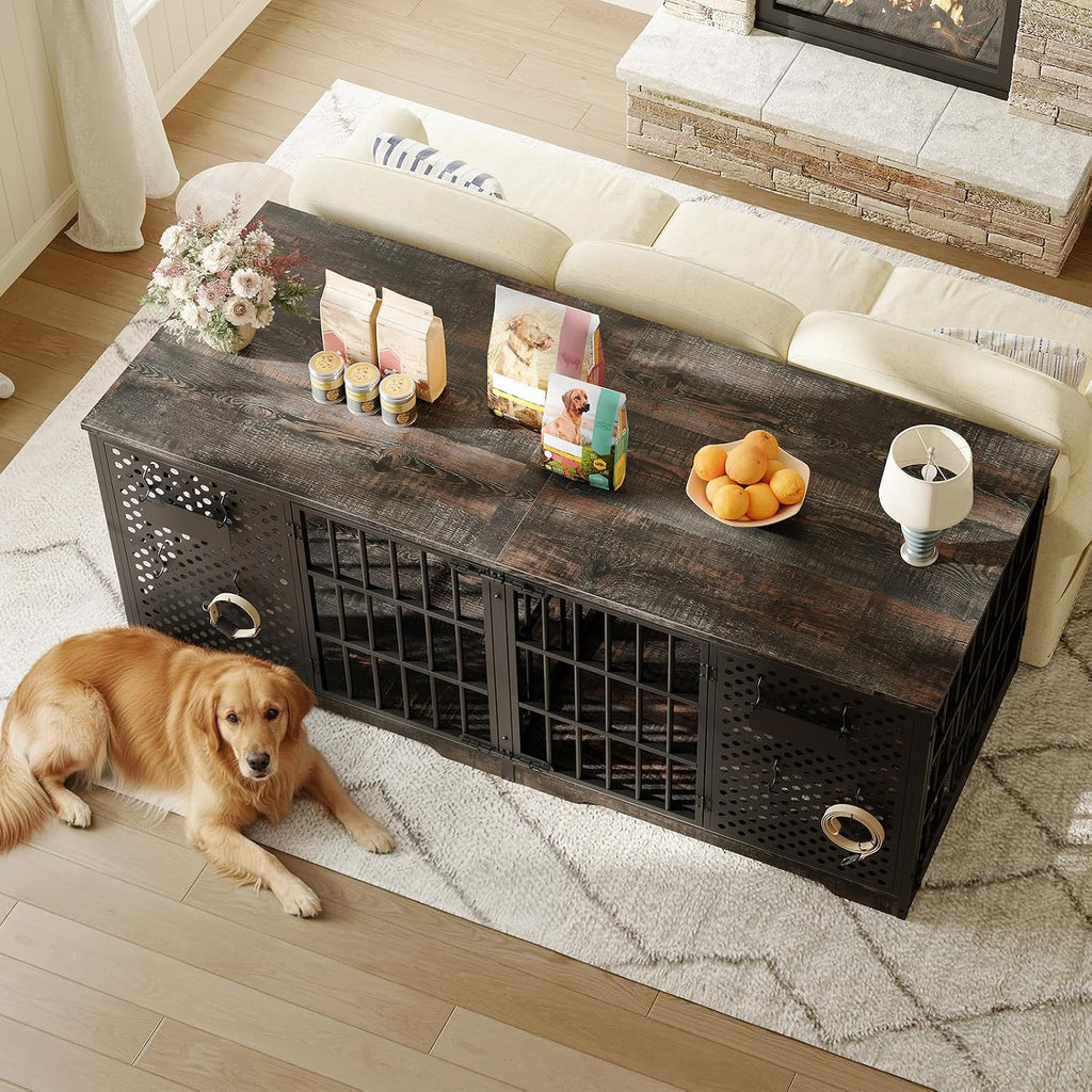 Dog Crate Furniture for 2 Large Dogs, Heavy Duty Indoor Kennel with Removable Divider & Name Tags, TV Stand Cage