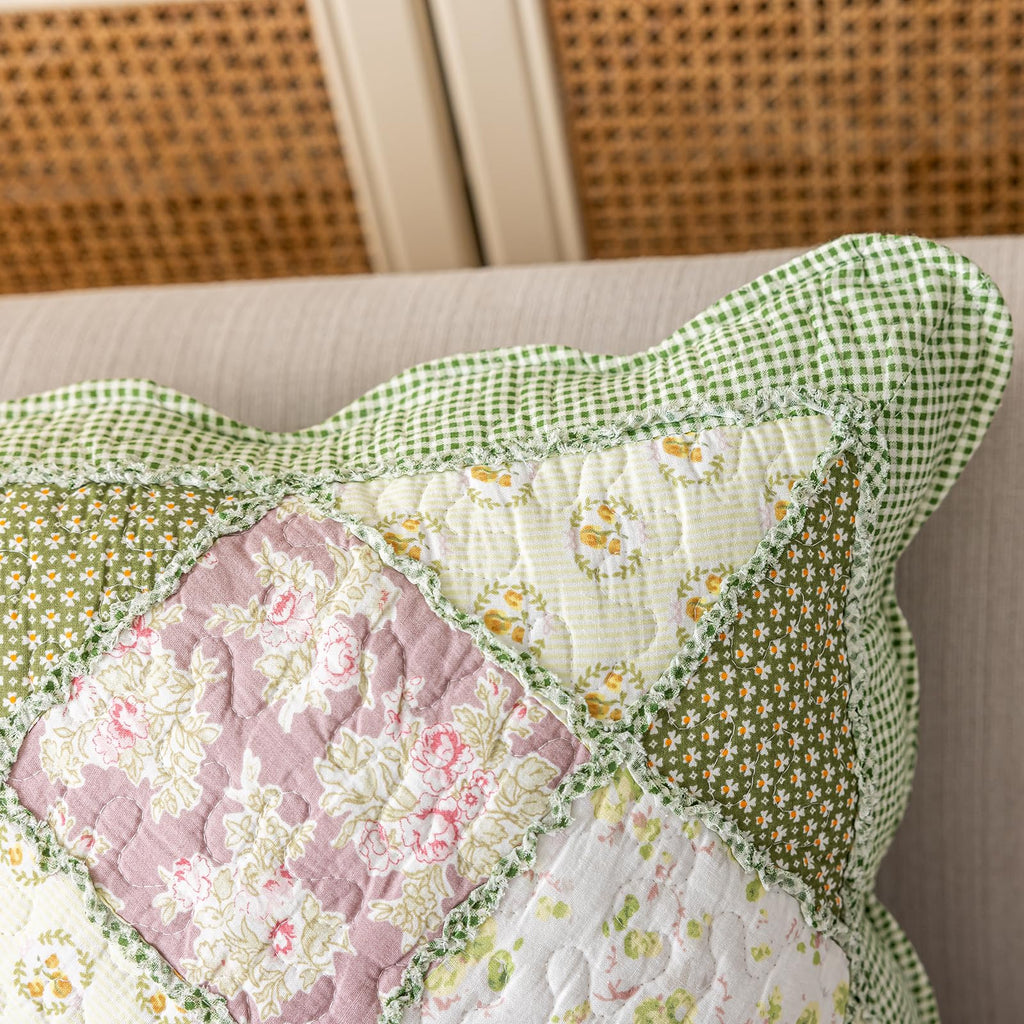 Fall Set of 2 Quilted 100% Cotton Boho Throw Pillow Covers 18" x 18" Farmhouse Country Floral Patchwork Decorative