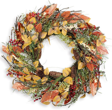 Fall Wreath for Front Door 24 inch Artificial Red Broad Leaves