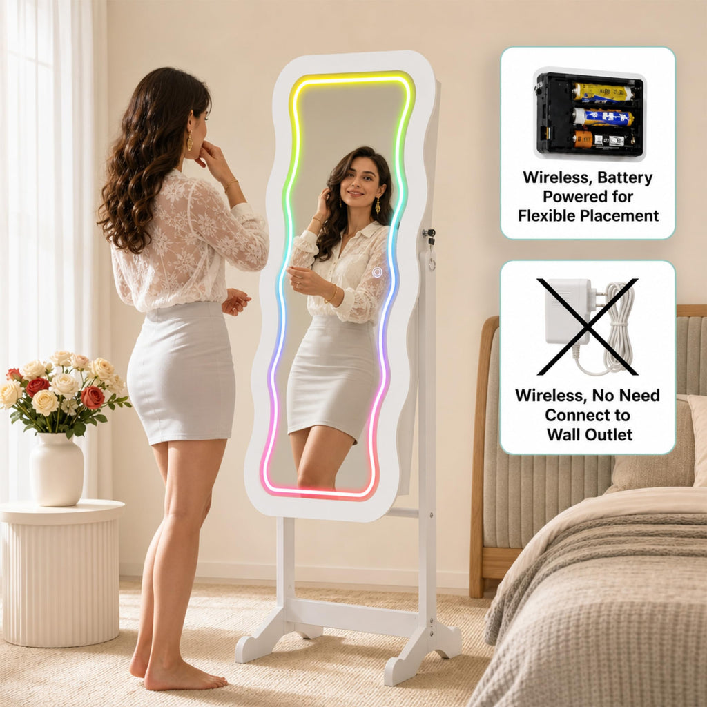 RGB Mirror Jewelry Cabinet, Remote Control LED Mirror with Storage