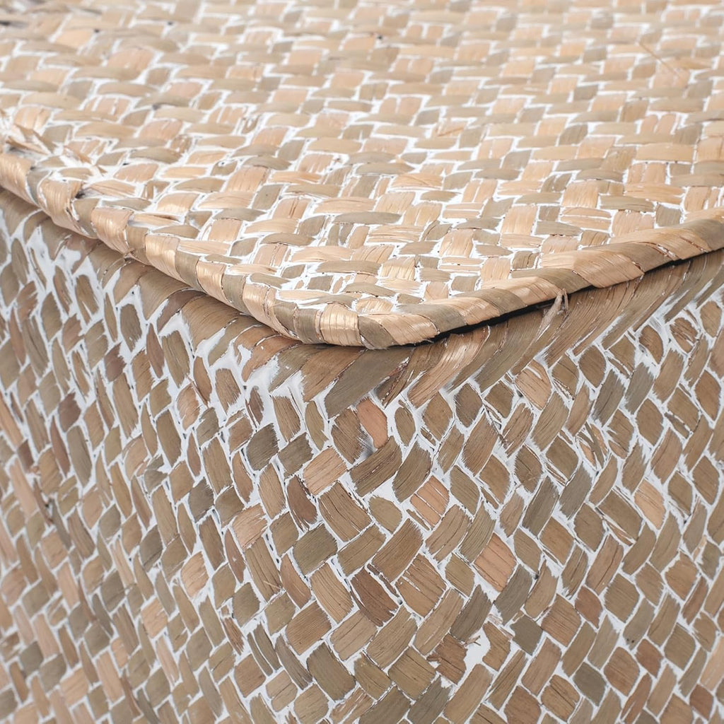 Wicker Basket with Lid, Seagrass Storage Basket, Woven Decorative Storage Baskets for Shelf Organizing, Whitewash