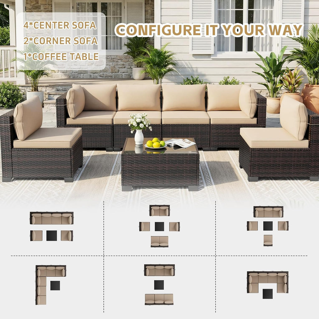 7 Pieces Outdoor Patio Furniture Sets,Rattan Conversation Sectional Set,Manual Weaving Wicker Patio Sofa with Tea