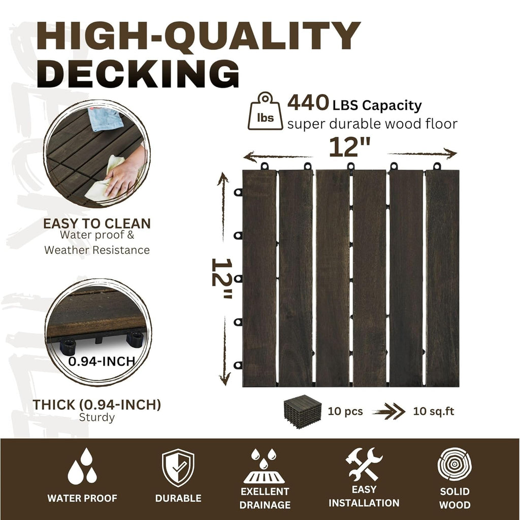 10/30 PCS Interlocking Deck Tiles Striped Pattern, 12" x 12" Dark Brown Square Acacia Hardwood Outdoor Flooring for