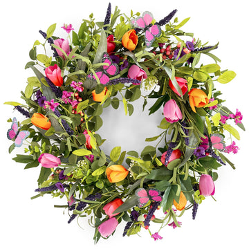 24" Wreaths for Front Door, Wreath with Tulip Wreath, Butterfly, Lavender and Eucalyptus, Vivid Artificial Floral for