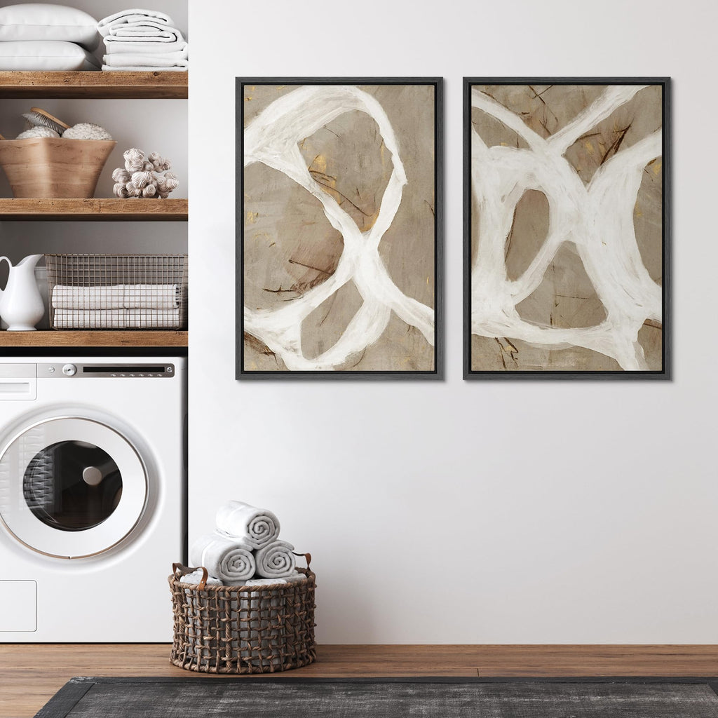 Framed Canvas Print Wall Art Set Abstract White and Beige Brushstrokes on Neutral Illustrations Modern Art Decorative