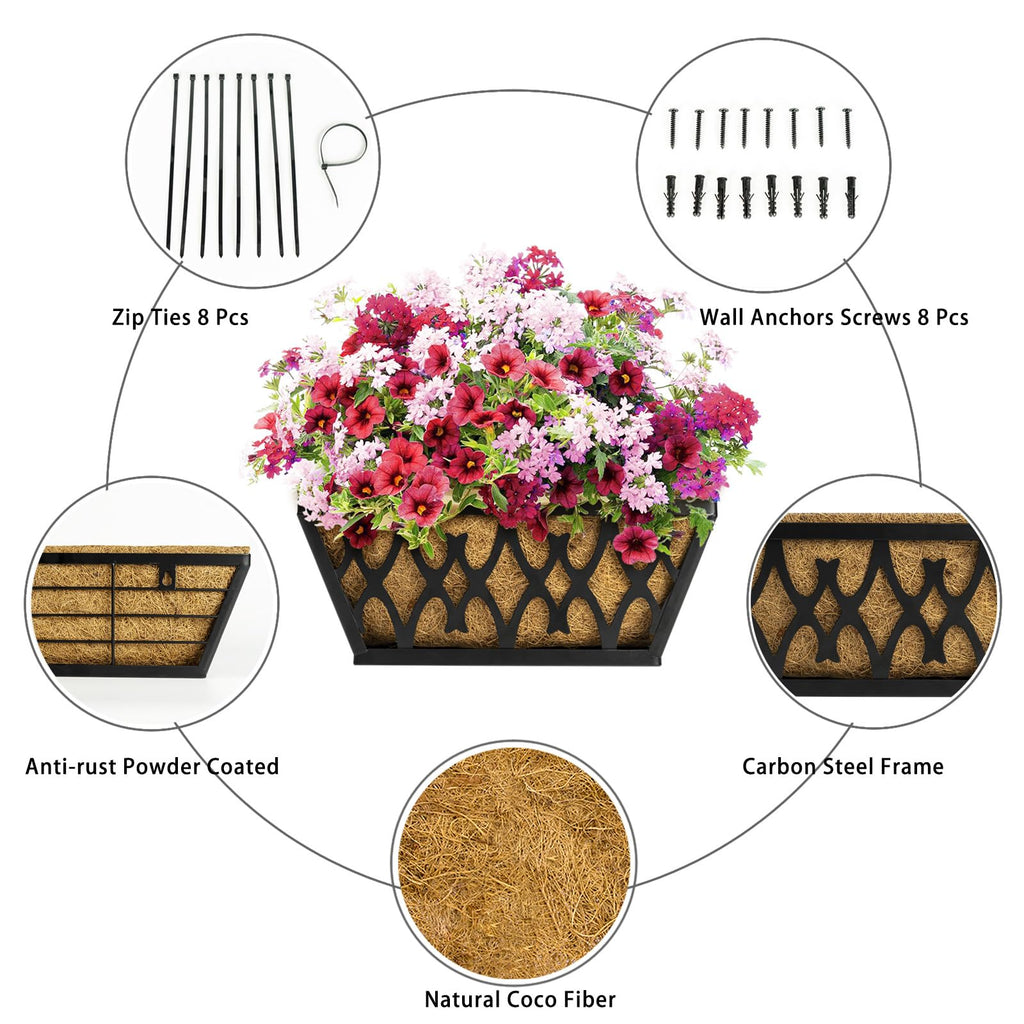 2 Pack 16 Inch Window Boxes Planters Railing Planter Box with Coco Liners Deck Railing Planter Boxes Balcony Hanging