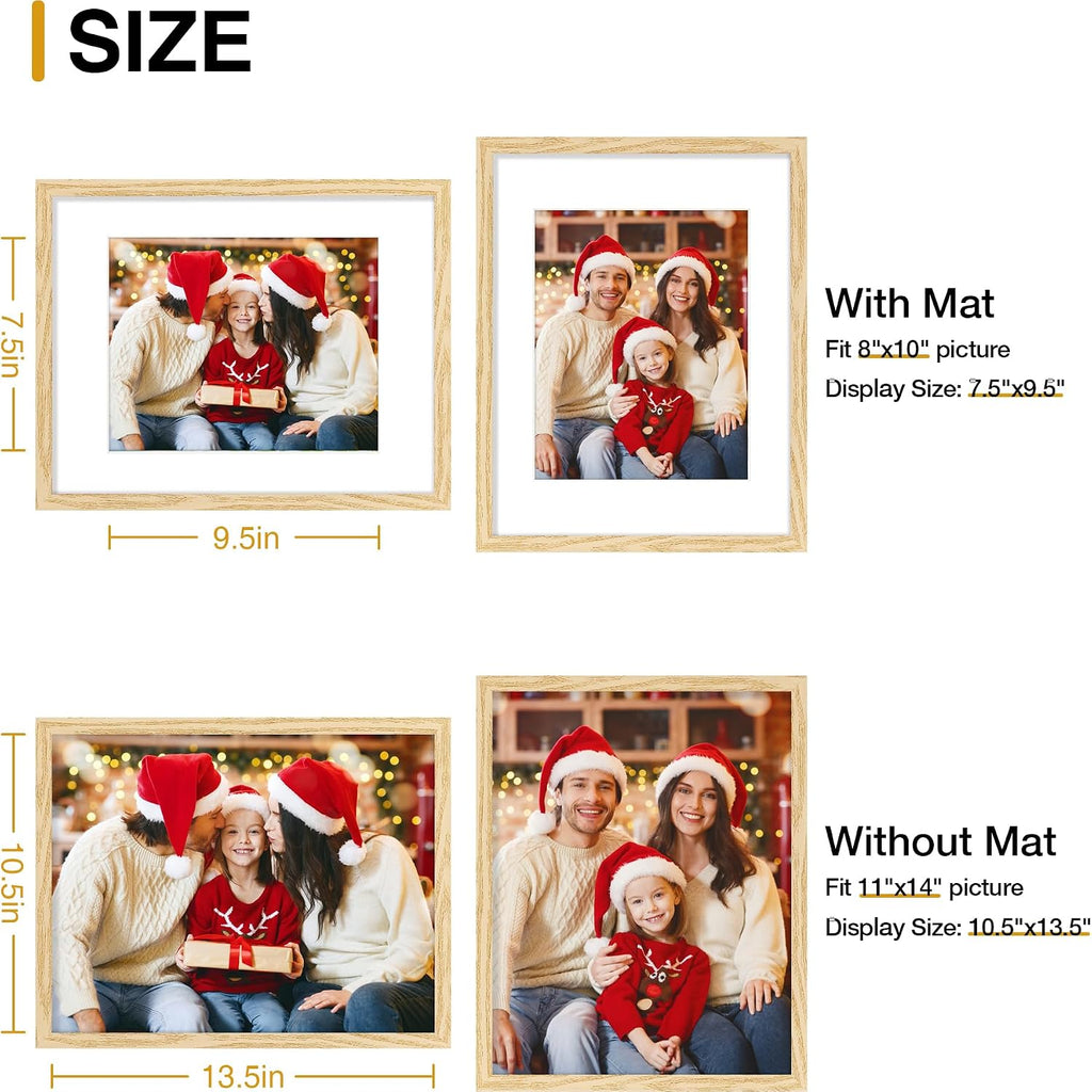 10 Pack 11x14 Picture Frame Collage Wall Decor with 8x10 Mat | Natural Plastic 11x14 Photo Frames with High
