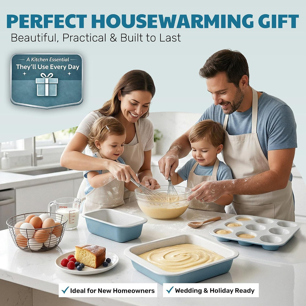 Nonstick Bakeware Set 6 Pc Stackable, Ceramic Pans Set, PFOA & PFOS Free Aluminum, Cookie Sheet, Cake, Muffin, Loaf