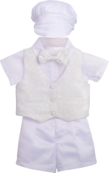 Infant Baby Boys' Christening Clothing Baptism Outfit 5 Pieces Suit Set with Bonnet, Short Sleeves, Ivory White