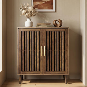 Sideboard Cabinet, 31.5" W Farmhouse Buffet Cabinet with Slatted Doors & Adjustable Shelf, Wood Coffee Bar Storage